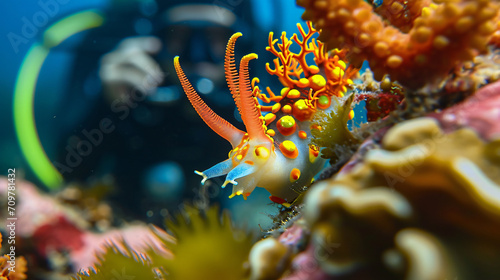 Diver taking underwater macro photographs of colorful nudibranchs on a coral reef.