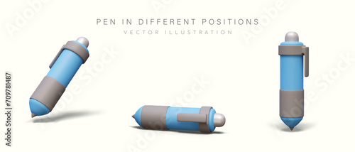 Blue ballpoint pen with button. Realistic object in vertical, horizontal, inclined position