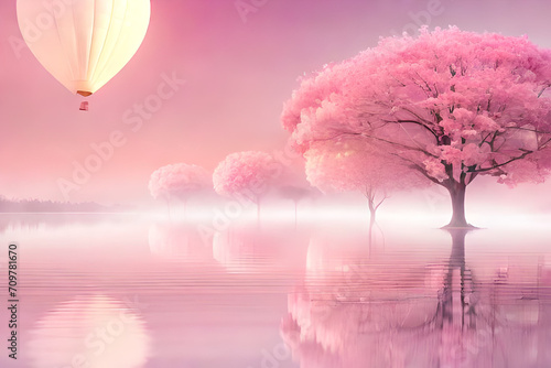 surreal romantic landscape , pink sakuras and ethereal atmosphere