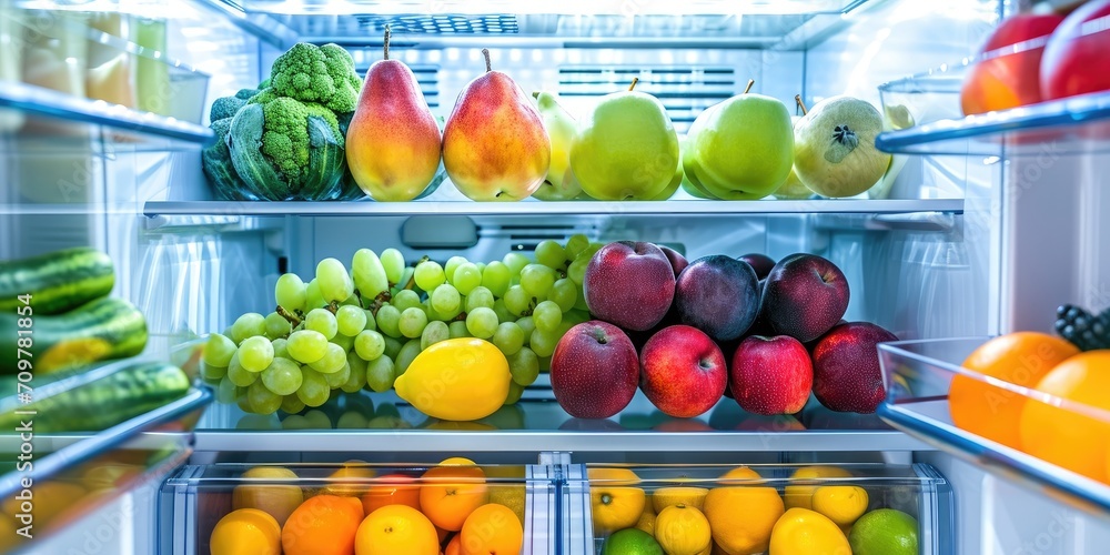 Refrigerator full of healthy food, fruits and vegetables, closeup