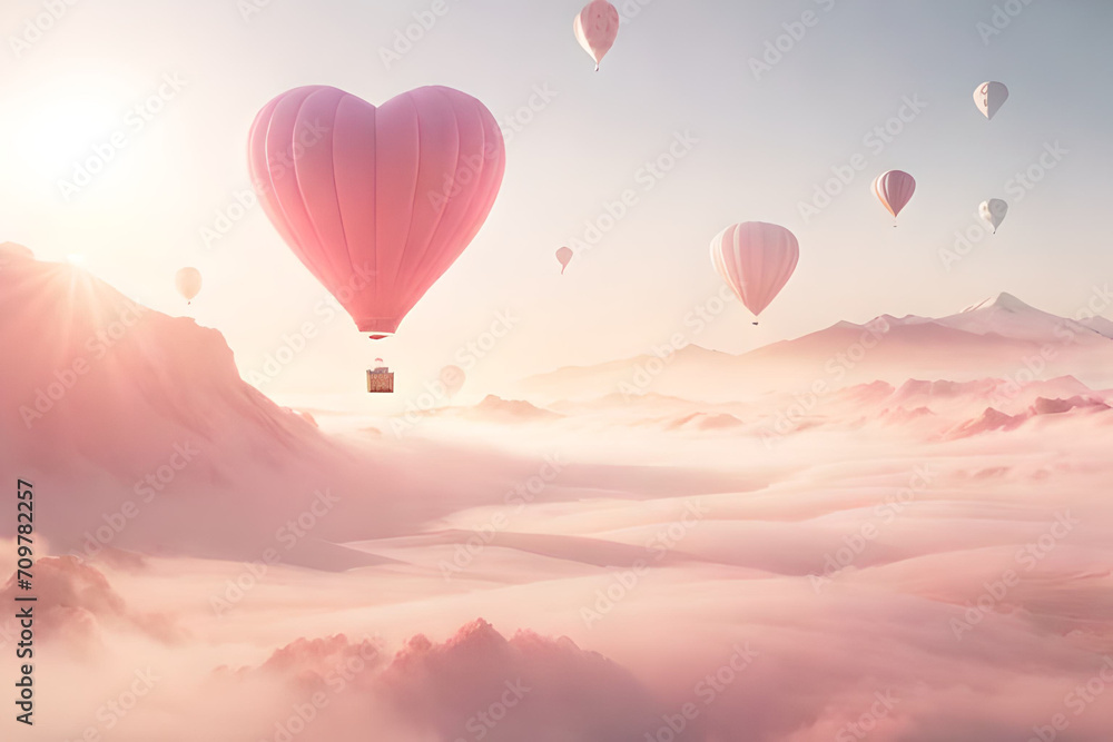 Fototapeta premium pink ethereal romantic cloudy landscape , valentines and love concept , heart shaped balloons