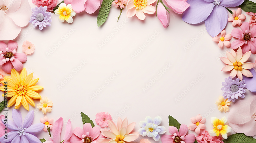 frame of bright spring flowers of different colors, pastel background Mother's Day, Easter, Valentine's Day frame of bright spring flowers of different colors, pastel background Mother's Day, Easter, Valentine's Day