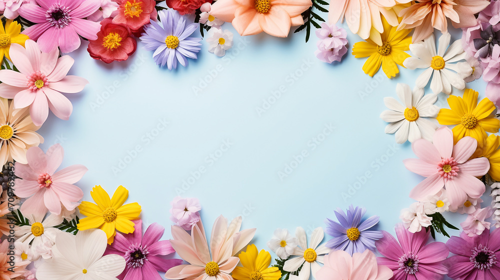 frame of bright spring flowers of different colors, pastel background Mother's Day, Easter, Valentine's Day frame of bright spring flowers of different colors, pastel background Mother's Day, Easter, Valentine's Day