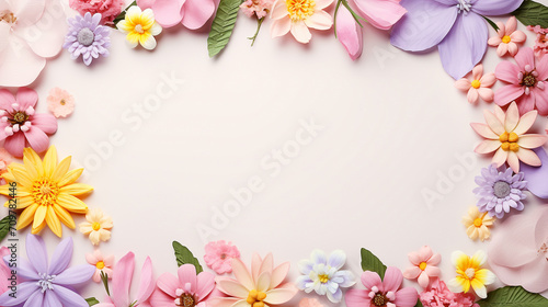 frame of bright spring flowers of different colors  pastel background Mother s Day  Easter  Valentine s Day