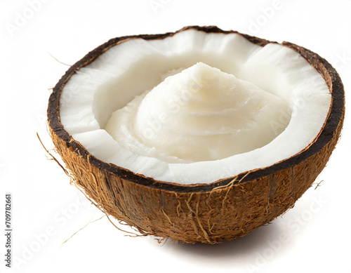 Kokosnuss mit Schüssel Kokosnussöl isoliert auf weißem Hintergrund, Freisteller 