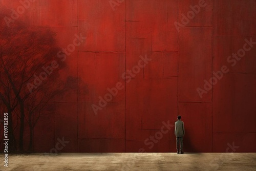 An individual facing a repressive wall. Digital art. Generative AI