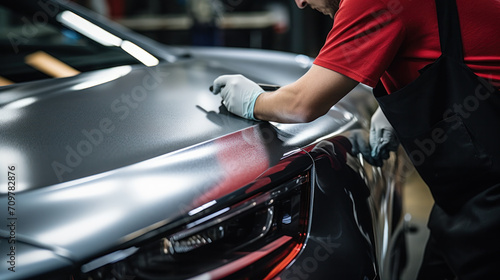 Process of pasting hood of red car with protective vinyl film from gravel chips and scratches. Transparent protection for paint.