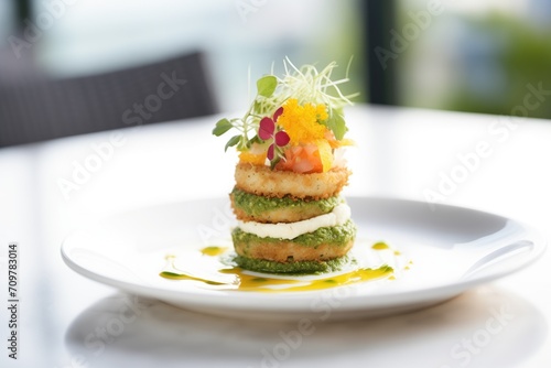 arancini tower on a plate drizzled with pesto