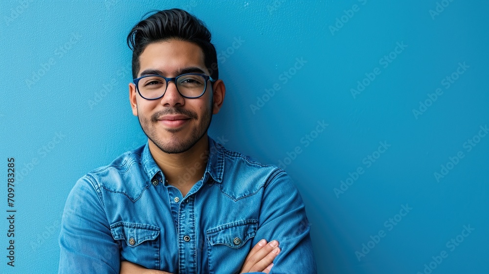 Portrait of a man, wearing glasses, smiling on blue background. - obrazy, fototapety, plakaty 