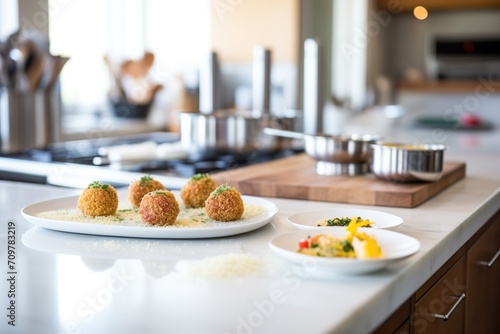 arancini assembly line on a kitchen countertop photo