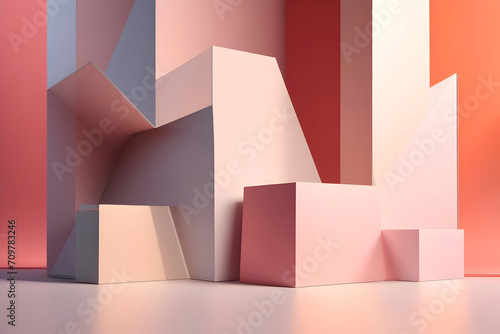 Abstract colorful geometric 3D room with podium. Studio showroom pedestals. Minimal scene mockup for product display presentation.