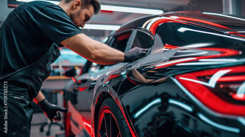 Specialist in wrapping a car with chameleon-colored vinyl film in the process of work. Car wrapping specialists cover the car with vinyl sheet or film. Selective focus. photo