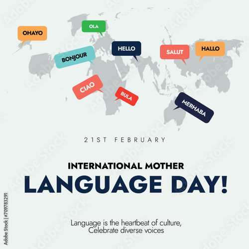 International Mother Language day. 21st February International mother language day celebration facebook post with silhouette world map and different speech bubbles of greetings in different language photo