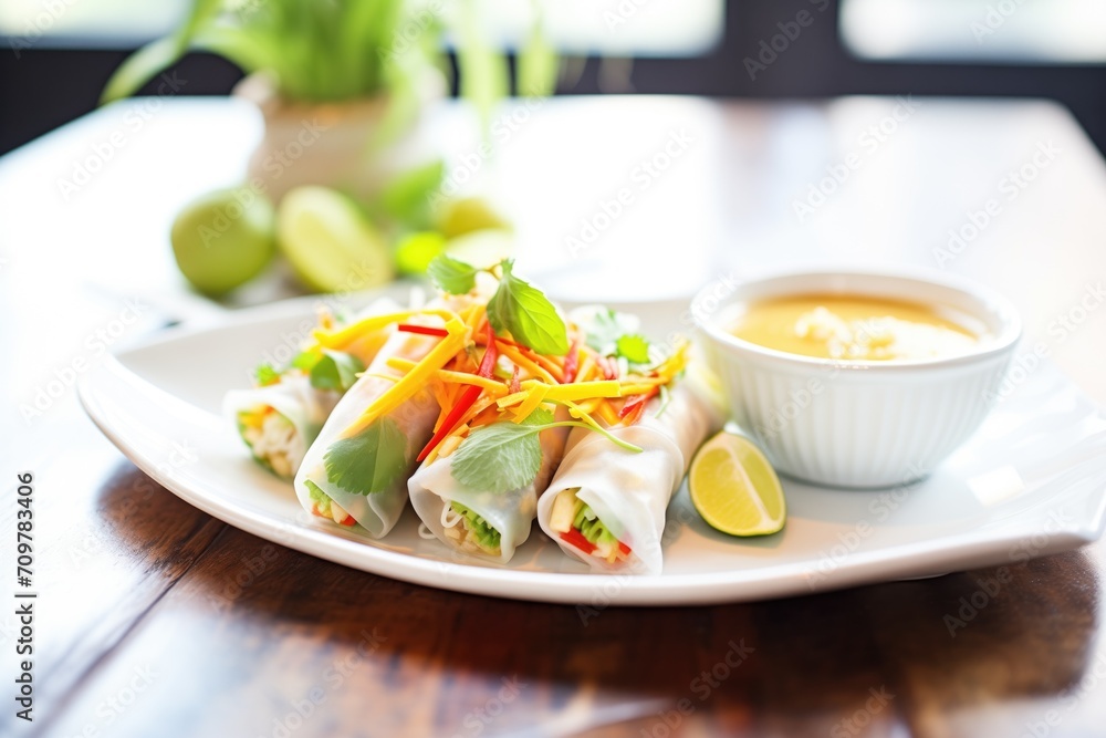 fresh spring rolls with peanut dipping sauce on a dish fresh spring rolls with peanut dipping sauce on a dish
