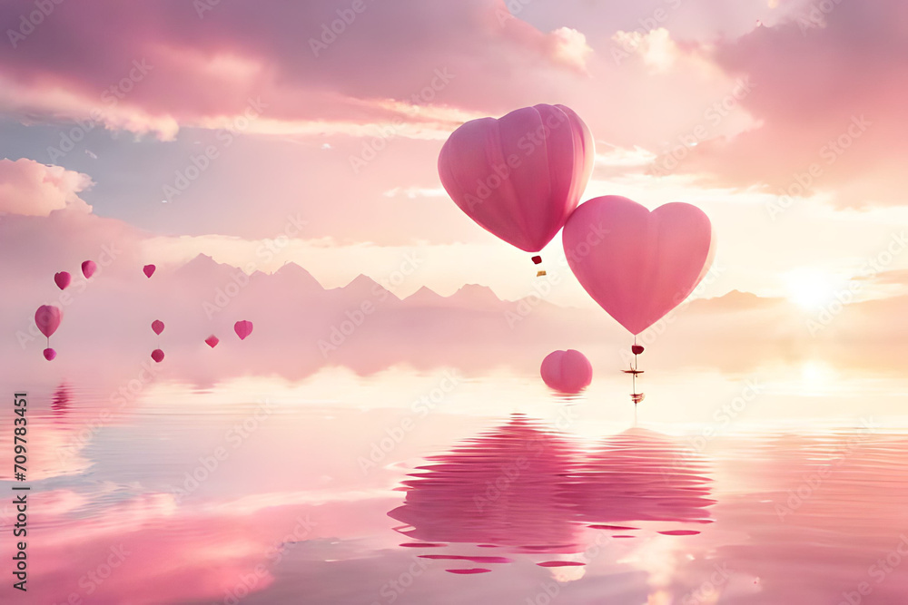 Fototapeta premium pink ethereal romantic cloudy landscape , valentines and love concept , heart shaped balloons