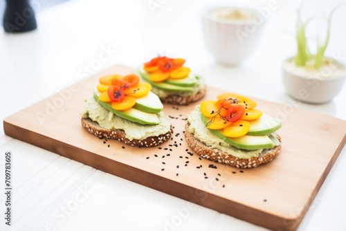 avocado spread on bagel halves with sesame and poppy seeds