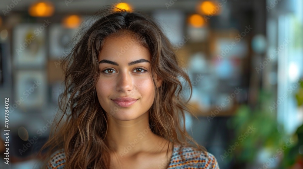 Portrait of a beautiful young indian woman with curly hair in a cafe