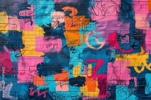 A vibrant street art mural for wallpaper  a collage of graffiti  bold lettering  and abstract shapes. Generative AI