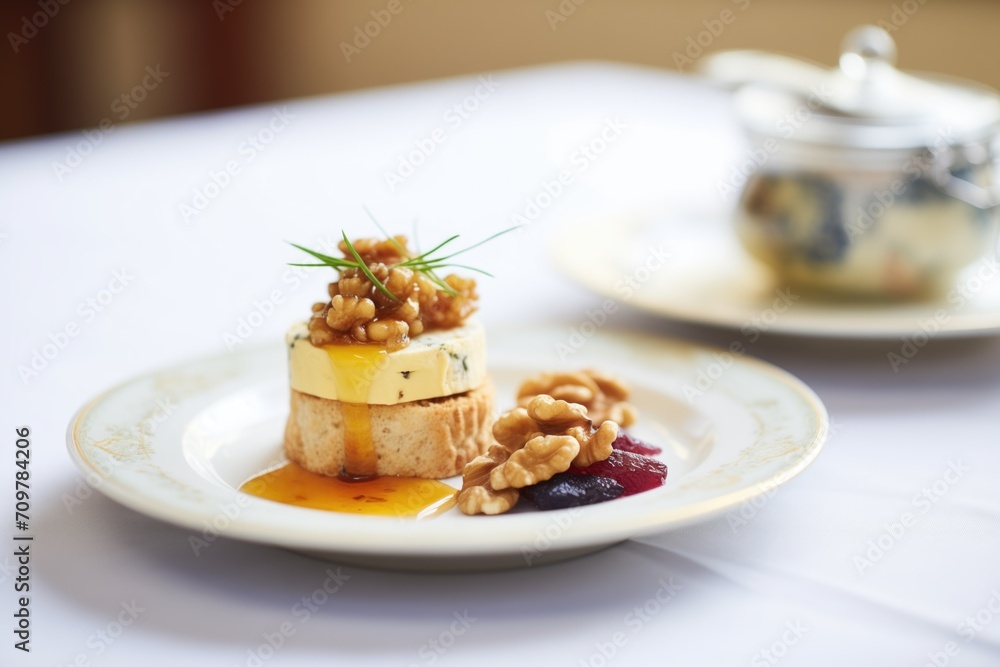 individual camembert portion with a side of fig jam and walnuts
