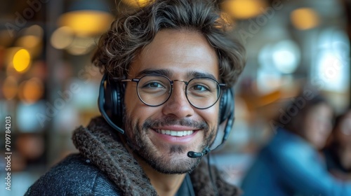 Portrait of handsome young indian man with headphones and glasses.