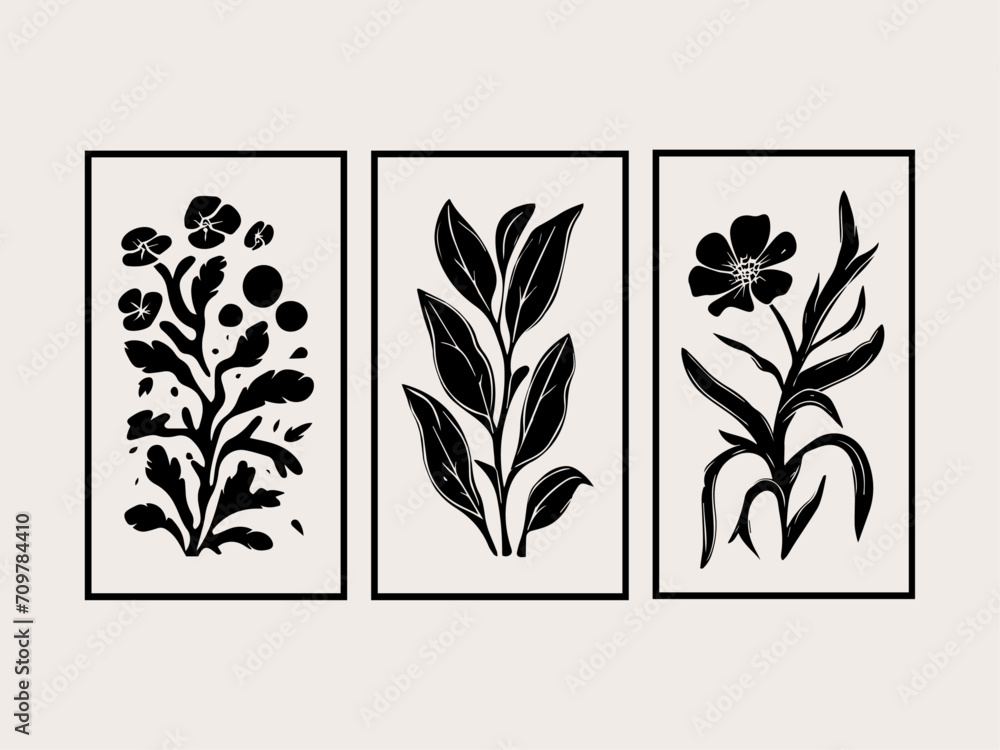 abstract floral nature wall poster set contemporary flower tree design, botanical elements vector artwork collection retro