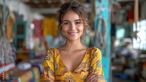 Portrait of a beautiful young indian woman in yellow dress smiling at camera at her workshop.