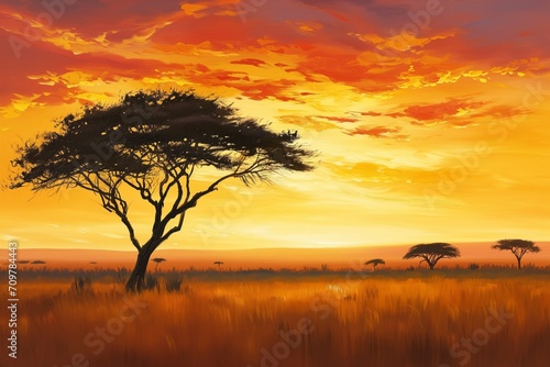 Silhouettes of acacia trees and wildlife, the beauty and tranquility of the wild, Oil Painting. Generative AI