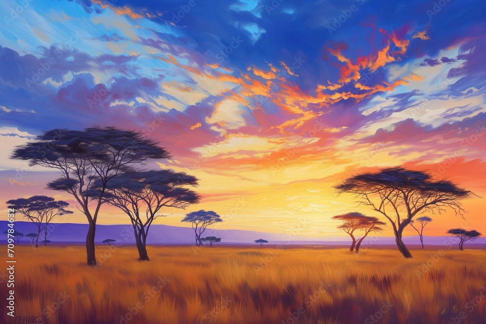 Silhouettes of acacia trees and wildlife, the beauty and tranquility of the wild, Oil Painting. Generative AI Silhouettes of acacia trees and wildlife, the beauty and tranquility of the wild, Oil Painting. Generative AI