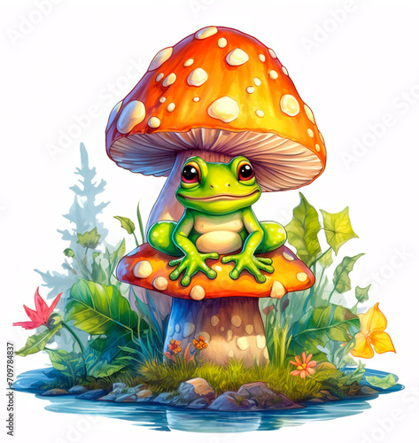 Cute frog sitting on a fly agaric