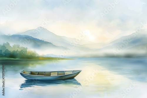 Emotional wallpaper of a small boat on a calm lake at dawn, mist rising from the water, Watercolor Painting. Generative AI © MAX AI