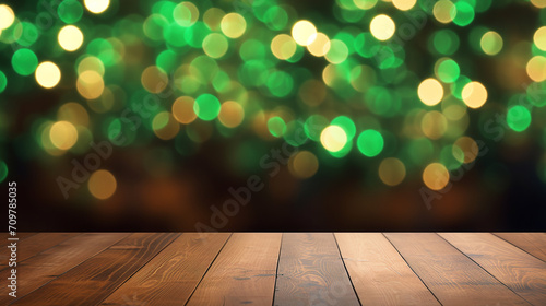 mpty wooden tabletop, against a blurred bar background with green bokeh lights, st. patrick's day photo