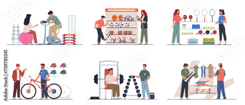 Shopping in sport store. People buy sporting goods, athletes and amateurs near stands with rackets, balls and dumbbells, happy customers and seller, cartoon isolated nowaday vector set