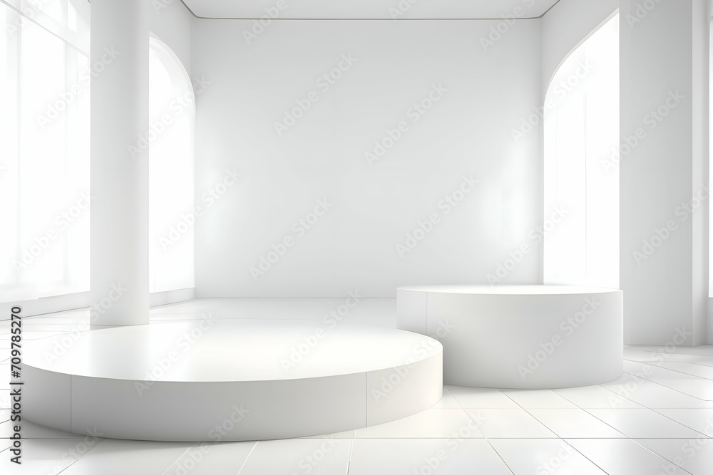 Fototapeta premium Abstract white 3D room with podium. Studio showroom pedestal. Minimal scene mockup for product display presentation.
