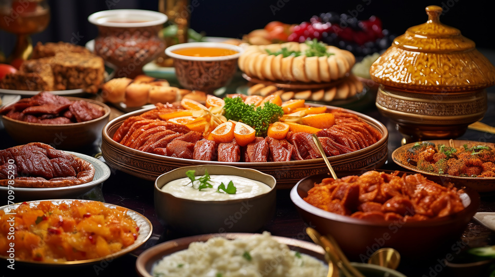 Close-up of variety of food during Iftar meal on Ramadan