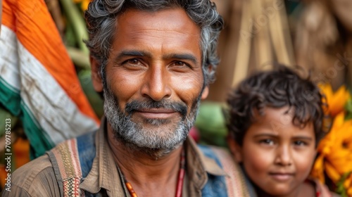 Portrait of a Hindu man with son in Varanasi, India.