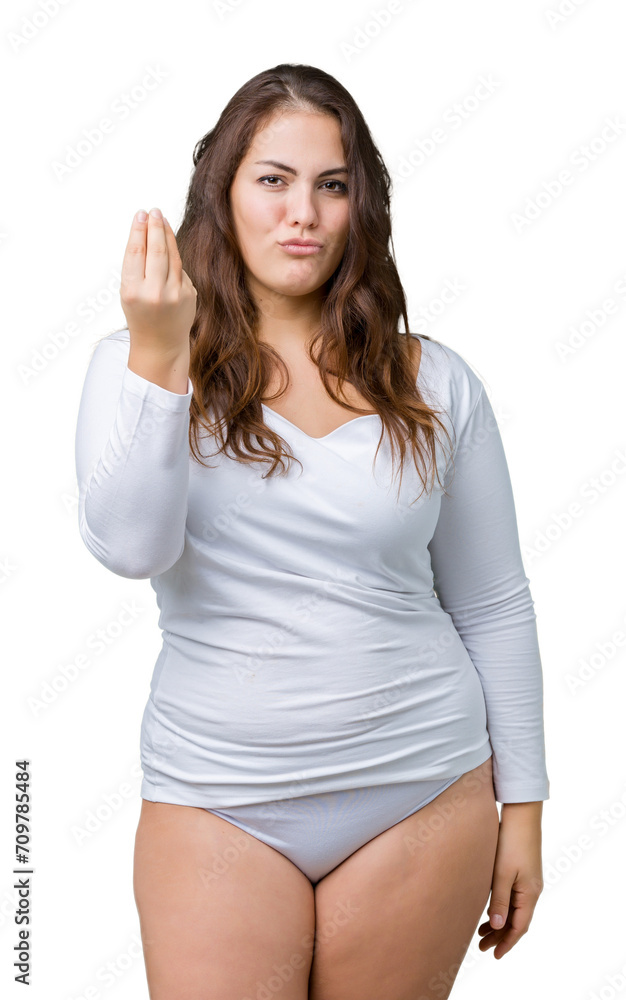 Beautiful plus size young overwight woman wearing white underwear over isolated background Doing Italian gesture with hand and fingers confident expression Beautiful plus size young overwight woman wearing white underwear over isolated background Doing Italian gesture with hand and fingers confident expression