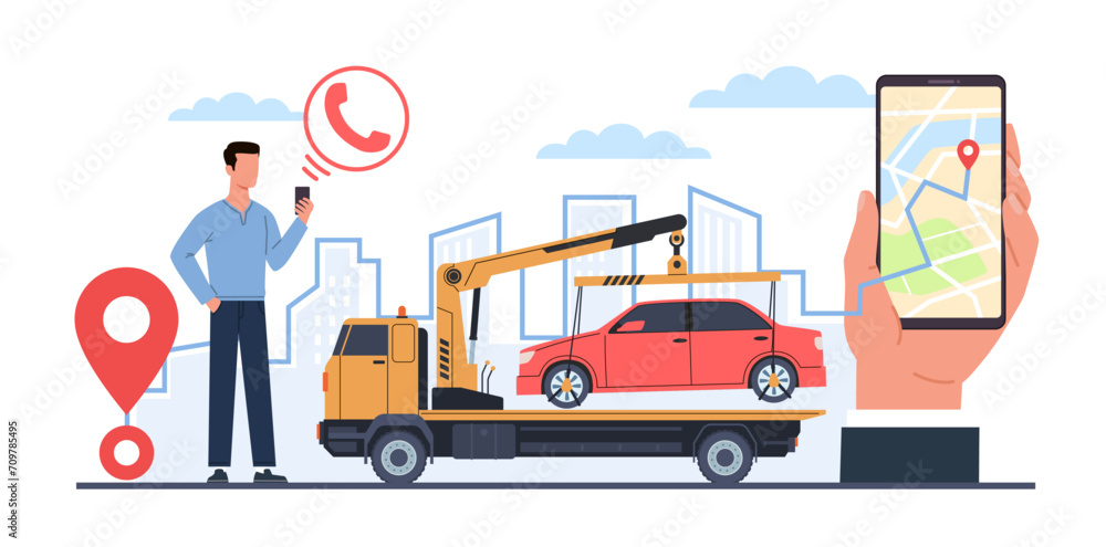 Roadside assistance concept, online application for tow truck service. Smartphone with city map on screen. Mechanical repair, professional help to drivers. Vector illustration Roadside assistance concept, online application for tow truck service. Smartphone with city map on screen. Mechanical repair, professional help to drivers. Vector illustration