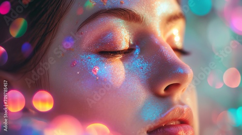 Closeup portrait of girl in colourful pastel shiny glitter iridescent glitter glow. illuminated with dynamic composition light. sensual, natural, advertisement, copy text space Fashion Concept. 