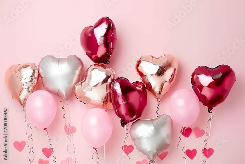 light pink backdrop with foil heart shaped balloons
