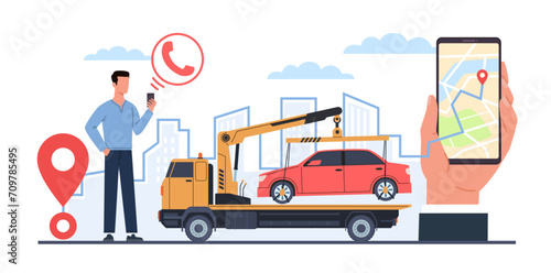Roadside assistance concept, online application for tow truck service. Smartphone with city map on screen. Mechanical repair, professional help to drivers. Vector illustration