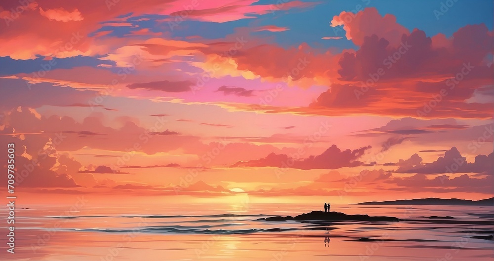 A scene of elegant silhouettes against a colorful sunset sky, with clouds illuminated in shades of pink and orange above a tranquil ocean - Generative AI