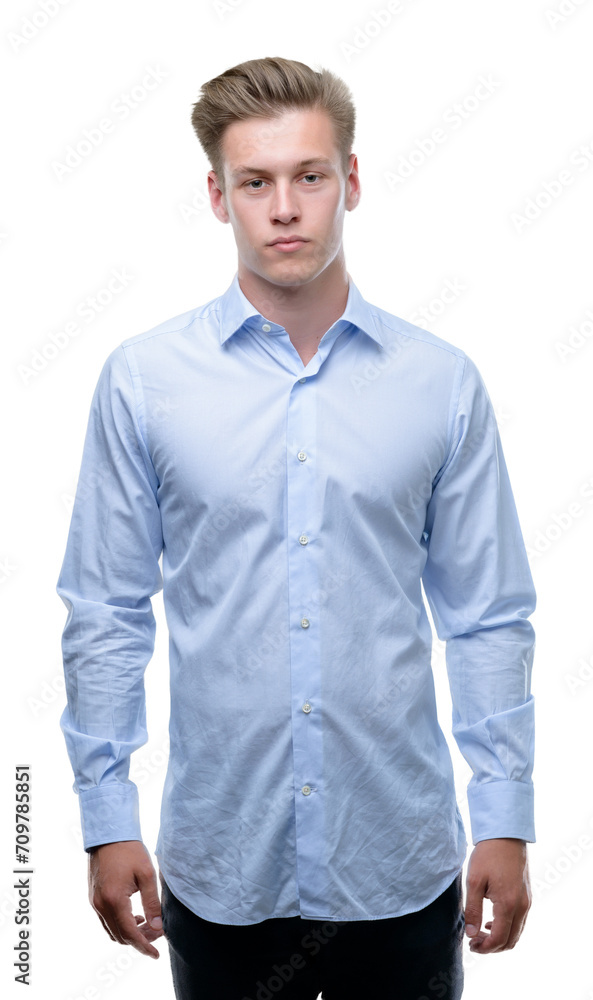 Fototapeta premium Young handsome blond man with a confident expression on smart face thinking serious