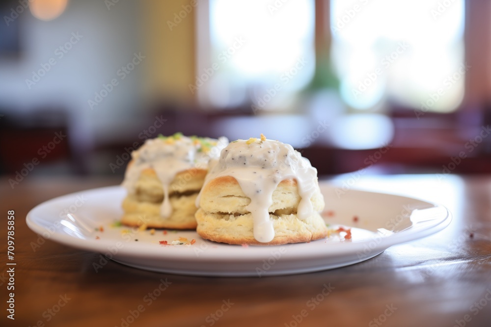 biscuits and gravy shot with a shallow depth of field, focused on the front biscuits and gravy shot with a shallow depth of field, focused on the front