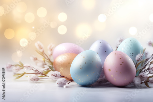 Pastel colored Easter eggs and flowers on sunny light background. Moody atmospheric image. Generative AI