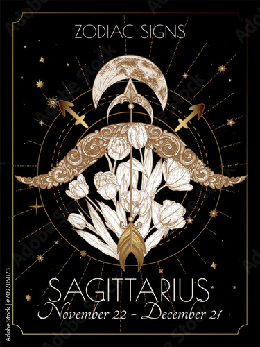  Vector illustration of zodiac signs in flowers. Sagittarius in black and gold colors in engraving style