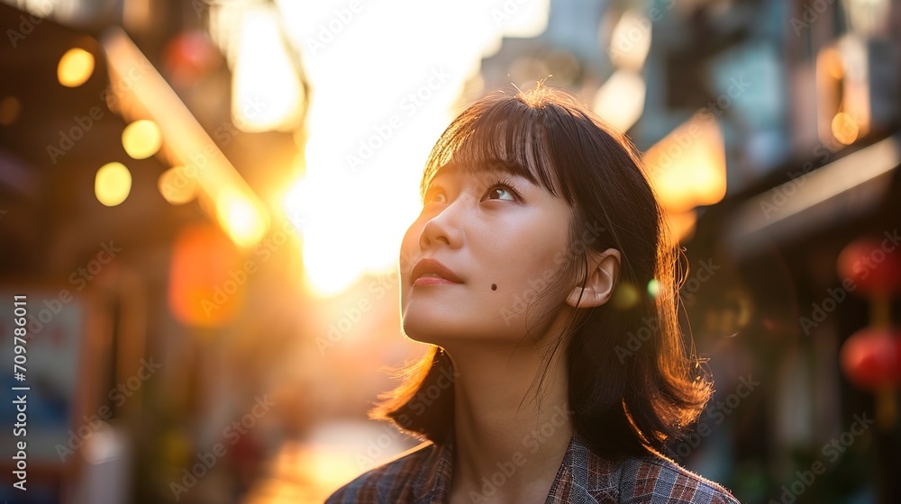 early adulthood Asian woman looks up, dressed in smart casual. backdrop with flare light early adulthood Asian woman looks up, dressed in smart casual. backdrop with flare light