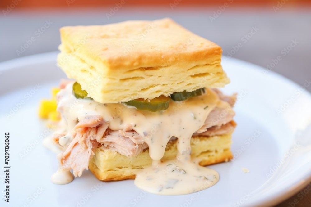 a close-up of a biscuit sandwich with gravy as the filling a close-up of a biscuit sandwich with gravy as the filling