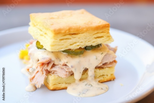 a close-up of a biscuit sandwich with gravy as the filling