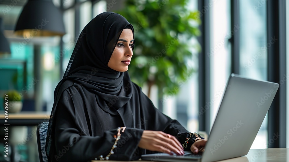 Arab businesswoman using a laptop at her desk. Arab businesswoman using a laptop at her desk.