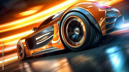 fast moving sport car on highway wallpaper Highway . Powerful acceleration of a supercar illustration . Closeup poster © adel
